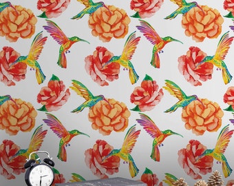Exotic Birds Pattern Wallpaper - Removable Wallpaper - Tropical Flower and Birds Wallpaper - Exotic Wall Sticker - Tropical Wallpaper