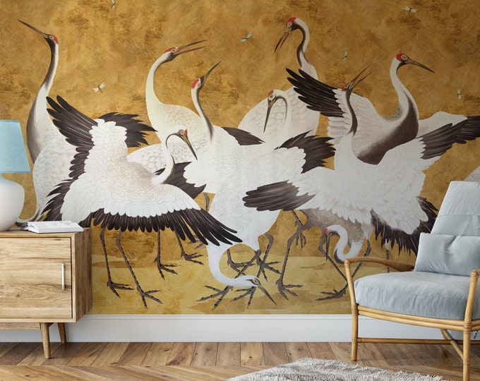 Golden Cranes Wallpaper, Removable Peel and Stick Mural, Japanese Heron Chinoiserie Inspired Crane Wallpaper, Temporary Self Adhesive Herons