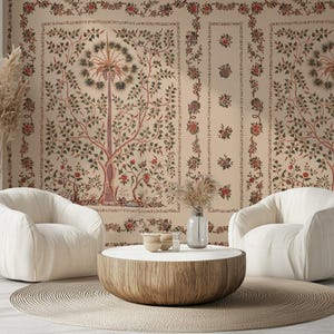 May include: A living room setup with two cream armchairs, a wooden coffee table, and a circular rug. The wallpaper is the main feature, with a tree and floral pattern in soft, muted colours.