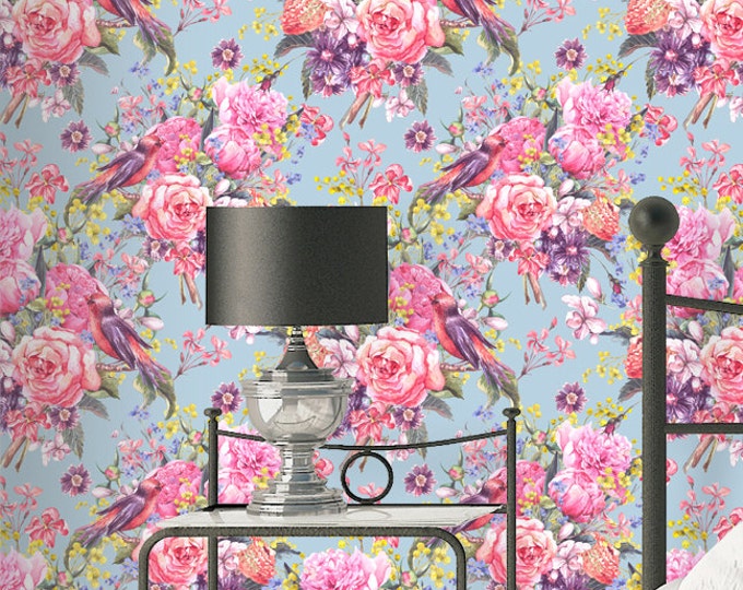 Vintage Rose and Bird Wallpaper - Removable Wallpapers - Floral Wallpaper - Self Adhesive Wall Decal - Temporary Peel and Stick Wall Art