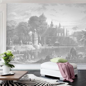 Palace View Removable Mural Wallpaper, Peel and Stick Engraving, Sepia Gray Black and White,Self Adhesive Decal,Vintage Repositionable Decor