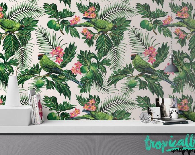 Tropical Citrus Leaf and Bird Wallpaper - Removable Wallpaper - Vintage Tree and Birds Wallpaper - Exotic Wall Sticker - Tropical Wallpaper