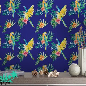 Tropical Print Wallpaper - Removable Wallpapers - Floral Parrot Wallpaper - Self Adhesive Wall Decal - Temporary Peel and Stick Wall Art