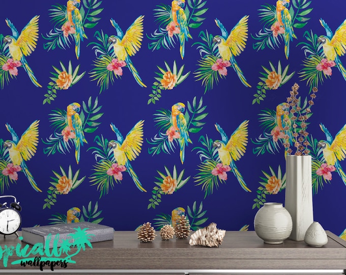 Tropical Print Wallpaper - Removable Wallpapers - Floral Parrot Wallpaper - Self Adhesive Wall Decal - Temporary Peel and Stick Wall Art