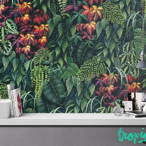 floral Wallpaper - Removable Wallpapers - Palm Leaf Tropical Wallpaper - Self Adhesive Jungle Wall Decal - Temporary Peel and Stick Wall Art