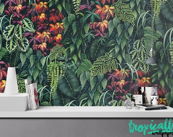 floral Wallpaper - Removable Wallpapers - Palm Leaf Tropical Wallpaper - Self Adhesive Jungle Wall Decal - Temporary Peel and Stick Wall Art