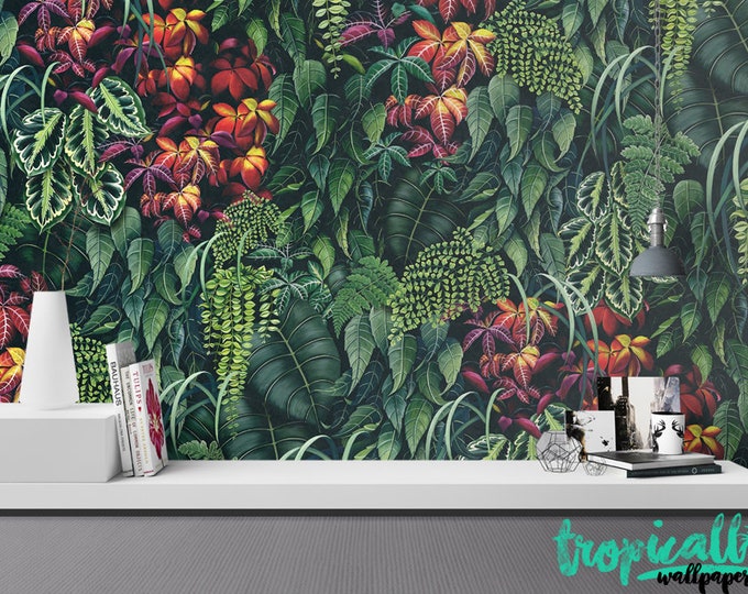 floral Wallpaper - Removable Wallpapers - Palm Leaf Tropical Wallpaper - Self Adhesive Jungle Wall Decal - Temporary Peel and Stick Wall Art