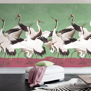 Heron Print Wallpaper, Removable Peel and Stick Mural, Japanese Crane Chinoiserie Inspired Crane Wallpaper, Temporary Self Adhesive Herons