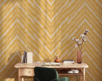Mustard Yellow Ikat Wallpaper, Geometric Chevron Pattern