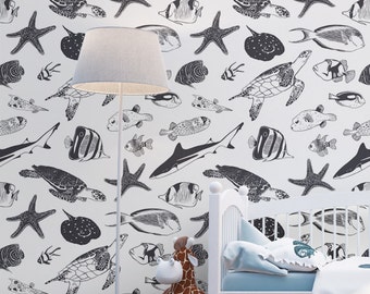 Sea Life Pattern Wallpaper - Removable Kids Wallpaper - Childrens and toddler Wallpaper - Nursery Wall Sticker - Tropical Fish Wallpaper