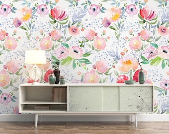 Dreamy Watercolor Floral Wallpaper, Removable Peel and Stick, Pastel Poppy Flowers Mural, Reusable Wall Decal, Repositionable Kids Wall Art