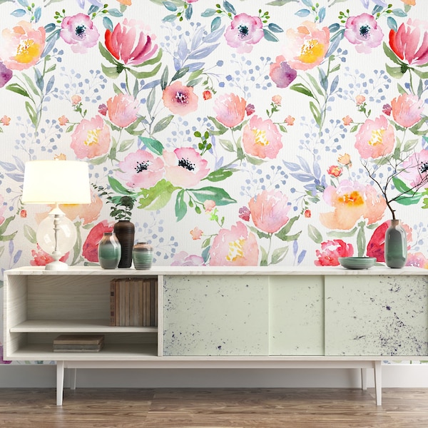 Watercolor Floral Wallpaper: Peel and Stick Poppy Mural, Reusable Wall Decal