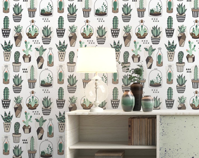 Small Cactus Pattern Wallpaper - Removable Wallpaper - Tropical Cactus Plants Wallpaper - Exotic Wall Sticker - Tropical Wallpaper