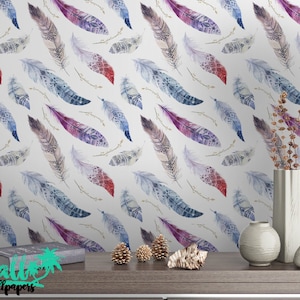Uccelli Piume Modello BOHO Stile Carta da parati - Carta da parati rimovibile - Watercolor Feathers Wallpaper - Esotico Wall Sticker - Carta da parati tropicale