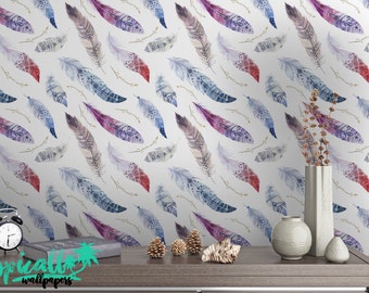 Birds Feathers Pattern BOHO Style Wallpaper - Removable Wallpaper - Watercolor Feathers Wallpaper - Exotic Wall Sticker - Tropical Wallpaper
