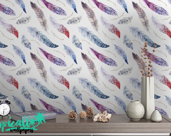 Birds Feathers Pattern BOHO Style Wallpaper - Removable Wallpaper - Watercolor Feathers Wallpaper - Exotic Wall Sticker - Tropical Wallpaper