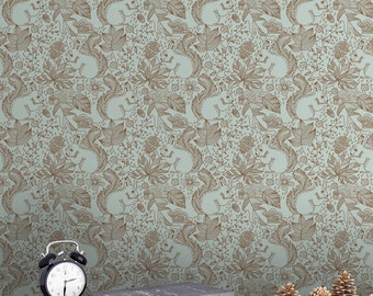 Forest Plants and Squirrel Pattern Wallpaper - Removable Wallpaper - Forest Plants Animals Wallpaper - Exotic Wall Sticker -  Forest Plants