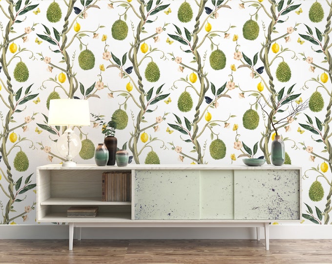 Floral Lemon Wallpaper, Tropical Removable Peel and Stick, Floral Nursery Watercolor Flowers, Reusable Wall Decal, Repositionable Kids Mural