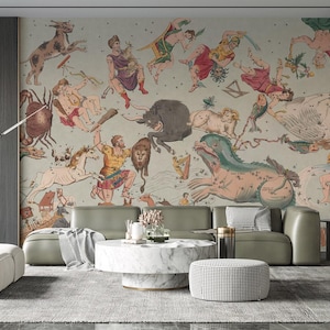 May include: A contemporary living room with a mural of classical figures and creatures. The room includes a green sofa, a marble coffee table, and a yellow armchair. A large cactus sculpture and a black side table are also present.