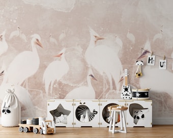 Crane Print Wallpaper, Removable Peel and Stick Mural, Fantasy Crane Chinoiserie Inspired Heron Wallpaper, Temporary Self Adhesive Herons