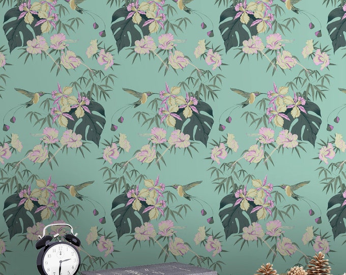 Hummingbird Pattern Wallpaper - Removable Wallpaper - Tropical Flower and Birds Wallpaper - Exotic Wall Sticker - Tropical Wallpaper