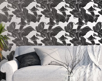 Calla Lily Flower Pattern Wallpaper - Removable Wallpaper - Black and White Calla Lily Wallpaper - Exotic Wall Sticker - Tropical Wallpaper