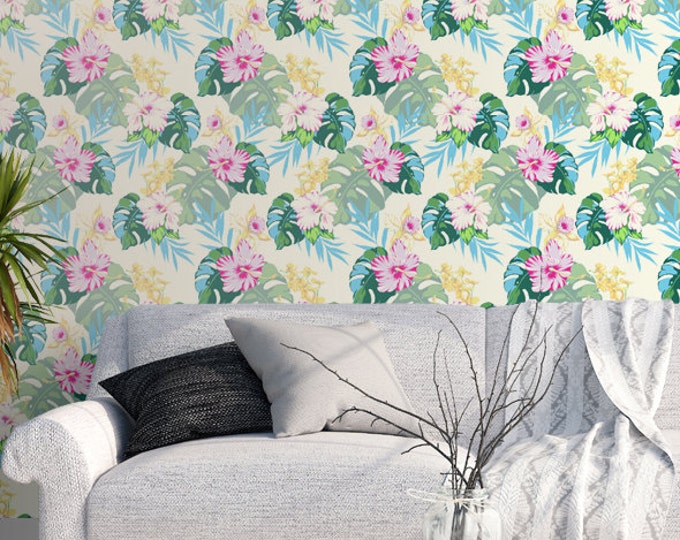 Tropical Leaves Pattern Wallpaper - Removable Wallpaper - Monstera Palm and Hibiscus Wallpaper - Exotic Wall Sticker - Tropical Wallpaper