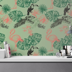 Flamingo Monstera Wallpaper - Removable Wallpapers - Floral Toucan Wallpaper - Self Adhesive Wall Decal - Temporary Peel and Stick Wall Art