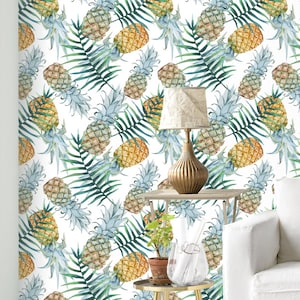 Carta da parati ananas e foglie di palma - Carta da parati rimovibile - Carta da parati per piante tropicali e fiori - Adesivo murale esotico - Carta da parati tropicale