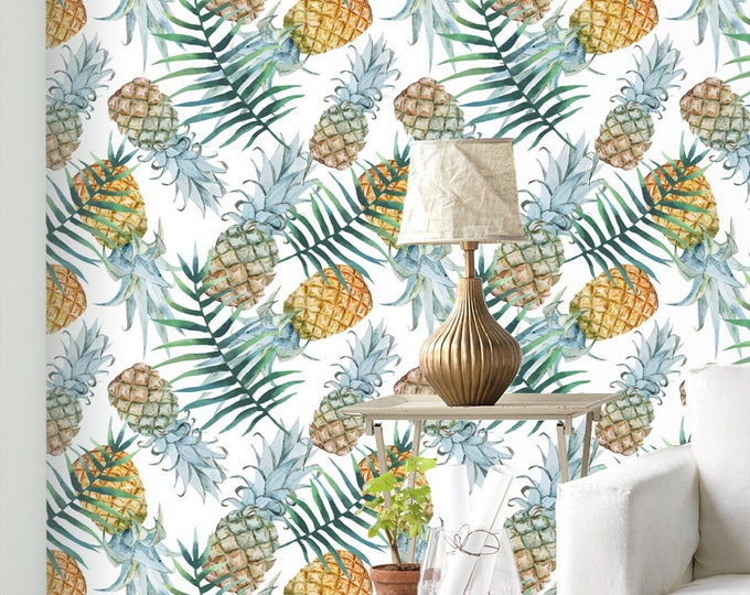 Pineapple And Palm Leaves Wallpaper - Removable Wallpaper - Tropical Plants and Flower Wallpaper - Exotic Wall Sticker - Tropical Wallpaper