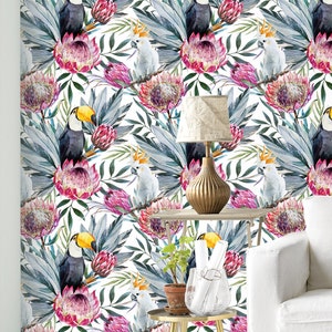 Toucan Wallpaper - Removable Wallpapers - Toucan Birds Floral Print Wallpaper - Self Adhesive Wall Decal - Temporary Peel and Stick Wall Art