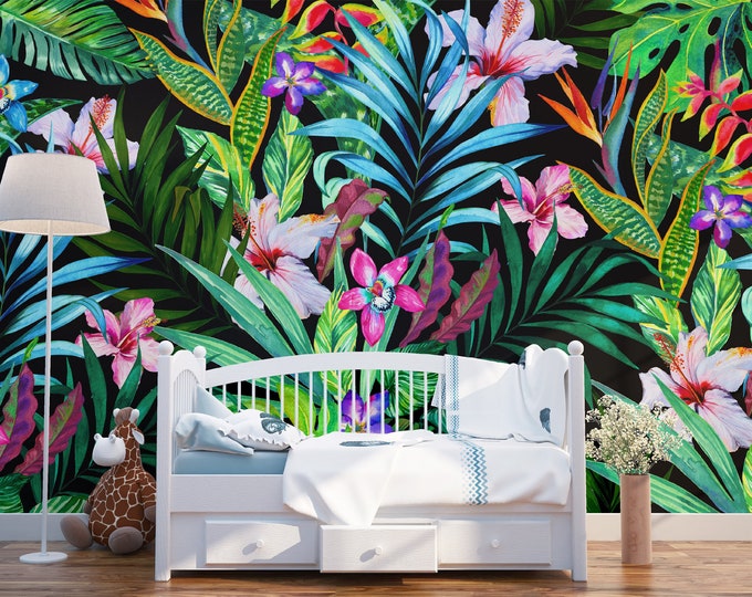 Tropical Plant Wallpaper, Exotic Removable Peel and Stick, Floral Nursery Watercolor Flowers, Reusable Wall Decal, Repositionable Kids Mural