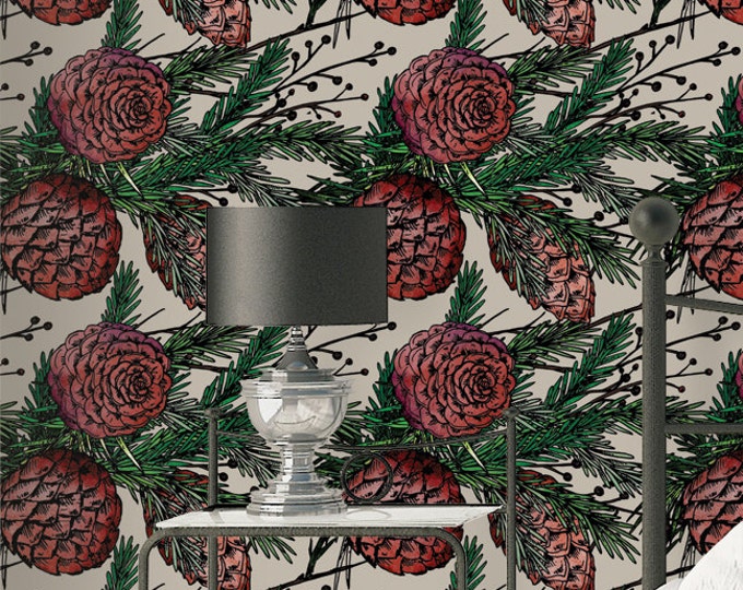 Winter Pines Wallpaper - Removable Wallpaper - Winter Plants and Flower Wallpaper - Exotic Wall Sticker - Tropical Wallpaper