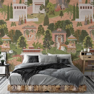 Indian Forest Wallpaper, verwijderbare Peel and Stick muurschildering of traditioneel vliesbehang, India Mughal Design, Indian Summer, muur sticker afbeelding 1