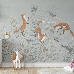 Fox Print Wallpaper, Removable Peel and Stick Mural, Foxes and Bunny Spring Inspired Bird Wallpaper, Temporary Self Adhesive Fox Print