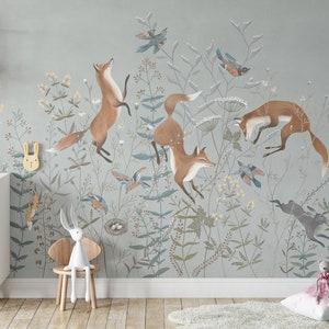 Carta da parati Fox Print, murale rimovibile Peel and Stick, Foxes and Bunny Spring Inspired Bird Wallpaper, Stampa fox autoadesiva temporanea