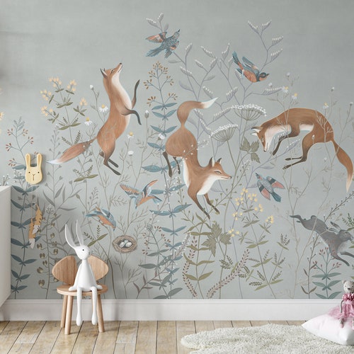Fox Print Wallpaper Removable Peel and Stick Mural Foxes and - Etsy