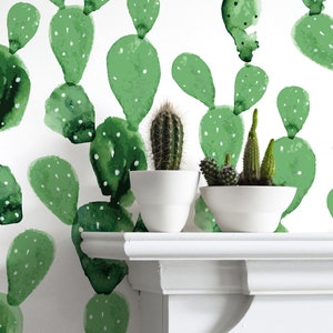 Watercolor Cactus Print Wallpaper - Removable Wallpapers - Floral Wallpaper - Self Adhesive Wall Decal - Temporary Peel and Stick Wall Art