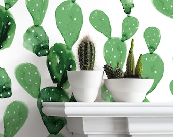 Watercolor Cactus Print Wallpaper - Removable Wallpapers - Floral Wallpaper - Self Adhesive Wall Decal - Temporary Peel and Stick Wall Art