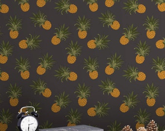 Tropical Pineapple Pattern Wallpaper - Removable Wallpaper - Tropical Plants and Flower Wallpaper - Exotic Wall Sticker - Tropical Wallpaper