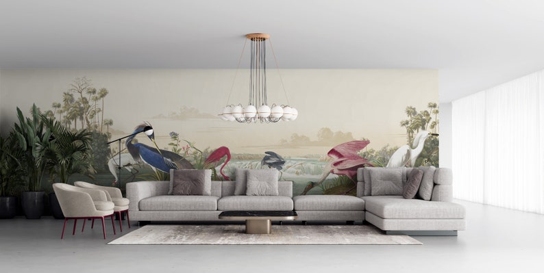 Heron Wallpaper, Crane Wallpaper, Removable Wallpaper, Peel and Stick or Traditional Wallpaper, John James Audubon Print, Tropical Wallpaper image 4