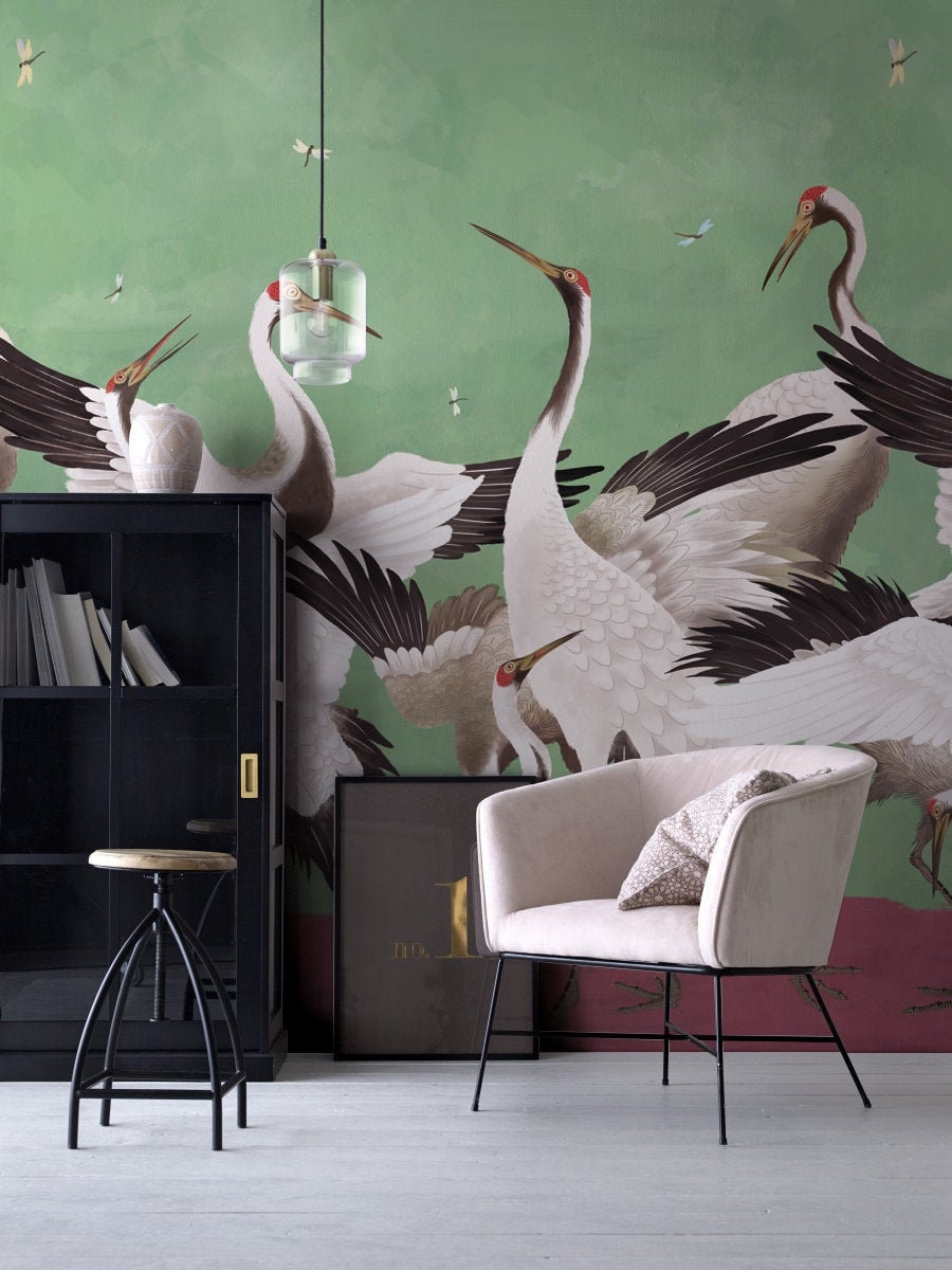 Heron Print Wallpaper, Removable Peel and Stick Mural, Japanese