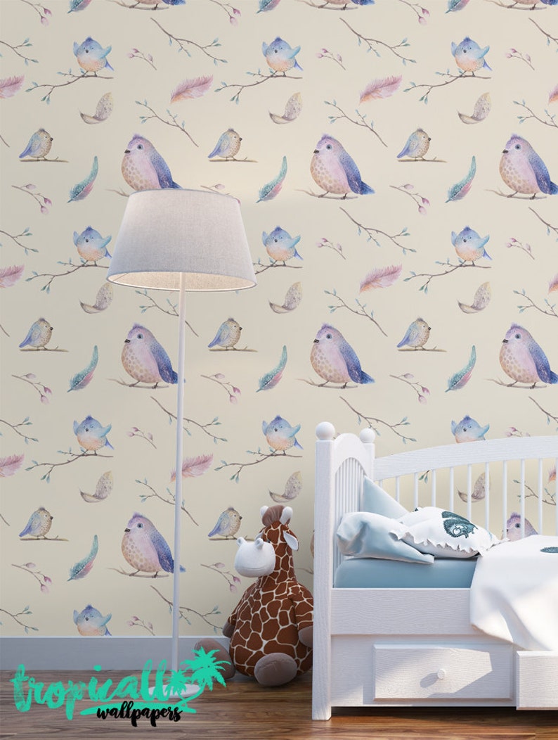 Watercolor Birds Wallpaper Removable Wallpapers Nursery Etsy