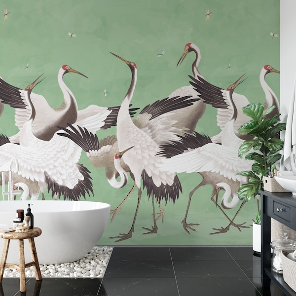 Heron Print Wallpaper, Crane Wallpaper, Removable Wallpaper, Tropical Wallpaper, Wall Mural