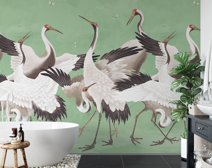 Heron Print Wallpaper, Crane Wallpaper, Removable Wallpaper, Tropical Wallpaper, Wall Mural