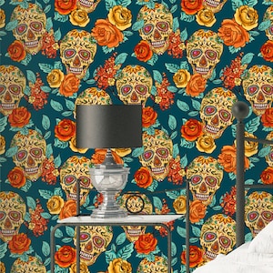 Sugarskull Wallpaper - Removable Wallpapers - Floral Boho Wallpaper - Self Adhesive Halloween Wall Decal - Temporary Peel and Stick Wall Art