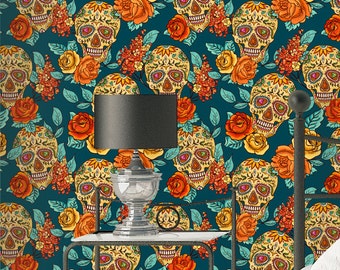 Sugarskull Wallpaper - Removable Wallpapers - Floral Boho Wallpaper - Self Adhesive Halloween Wall Decal - Temporary Peel and Stick Wall Art