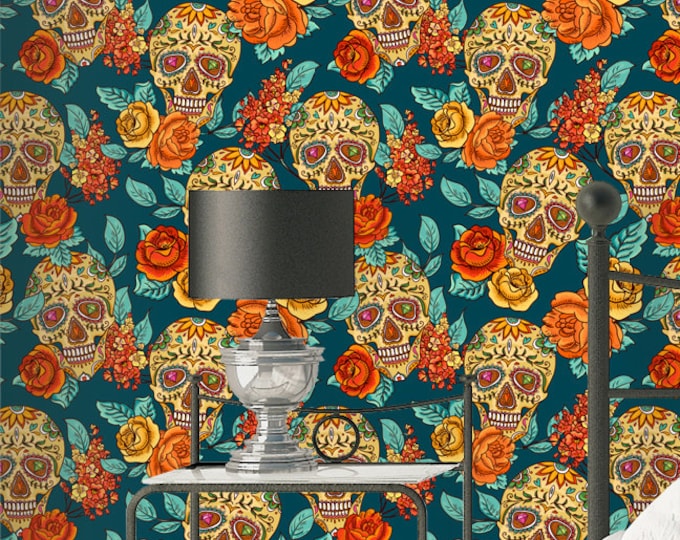 Sugarskull Wallpaper - Removable Wallpapers - Floral Boho Wallpaper - Self Adhesive Halloween Wall Decal - Temporary Peel and Stick Wall Art