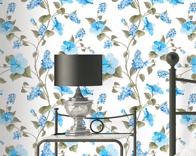 Hibiscus Pattern Wallpaper - Removable Wallpaper - Vintage Blue Hibiscus Flower Wallpaper - Exotic Wall Sticker - Tropical Wallpaper