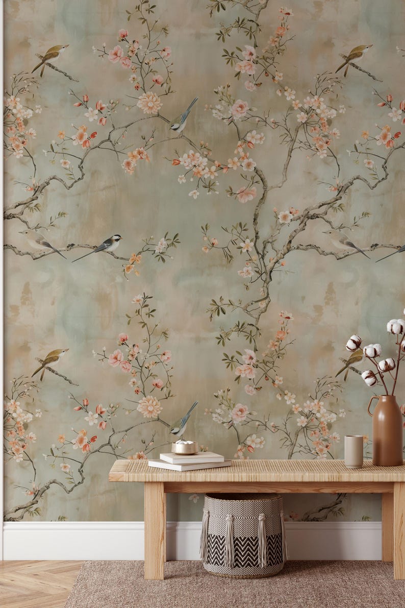 Elegant Chinoiserie Cherry Blossom Wall Mural: Soft Pastel Birds ...